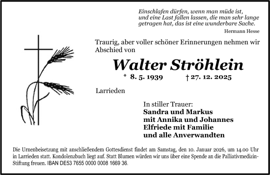Traueranzeige von Walter Ströhlein von Dinkelsbühl/ Feuchtwangen