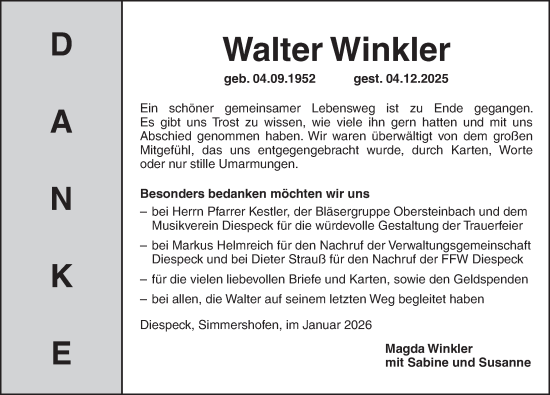 Traueranzeige von Walter Winkler von Neustadt/ Scheinfeld/ Uffenheim