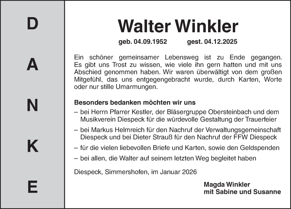  Traueranzeige für Walter Winkler vom 16.01.2026 aus Neustadt/ Scheinfeld/ Uffenheim