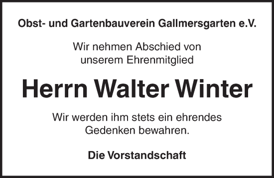 Traueranzeige von Walter Winter von Neustadt/ Scheinfeld/ Uffenheim