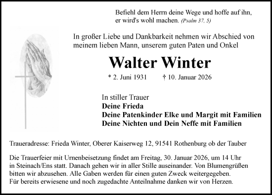 Traueranzeige von Walter Winter von Rothenburg