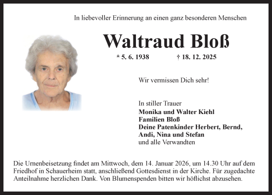 Traueranzeige von Waltraud Bloß von Neustadt/ Scheinfeld/ Uffenheim