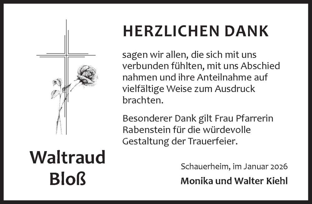  Traueranzeige für Waltraud Bloß vom 28.01.2026 aus Neustadt/ Scheinfeld/ Uffenheim