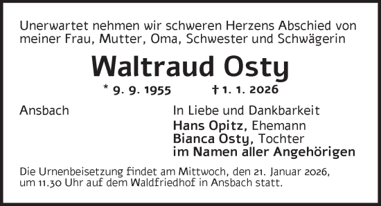 Traueranzeige von Waltraud Osty von Ansbach
