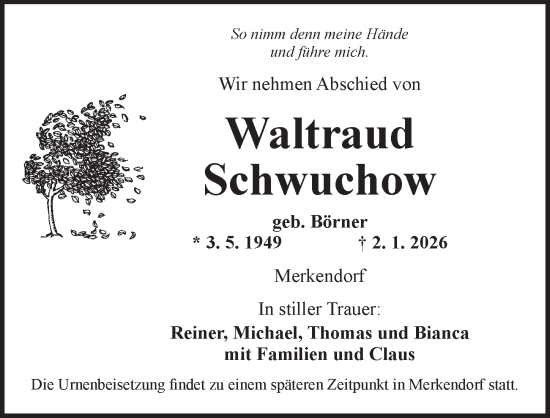 Traueranzeige von Waltraud Schwuchow von Ansbach