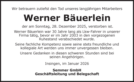 Traueranzeige von Werner Bäuerlein von Rothenburg