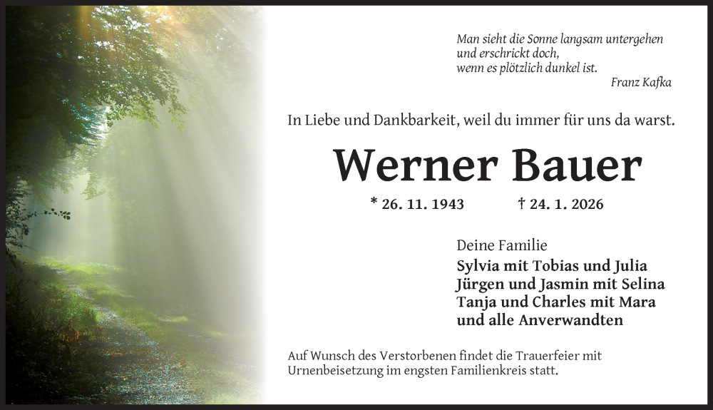  Traueranzeige für Werner Bauer vom 27.01.2026 aus Dinkelsbühl/ Feuchtwangen