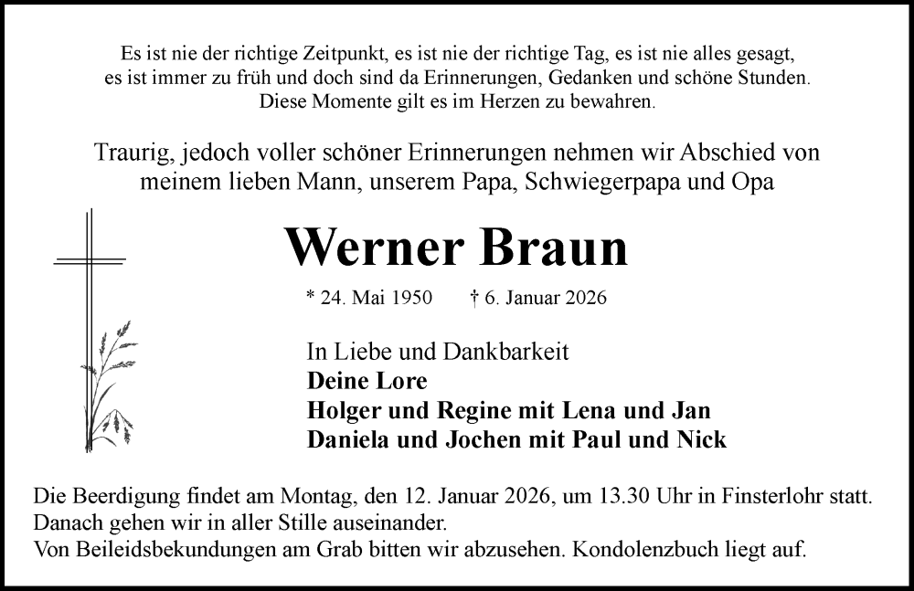  Traueranzeige für Werner Braun vom 09.01.2026 aus Rothenburg