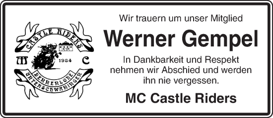 Traueranzeige von Werner Gempel von Dinkelsbühl/ Feuchtwangen