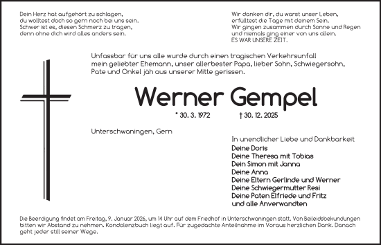 Traueranzeige von Werner Gempel von Dinkelsbühl/ Feuchtwangen