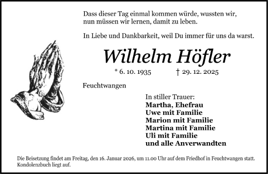 Traueranzeige von Wilhelm Höfler von Dinkelsbühl/ Feuchtwangen