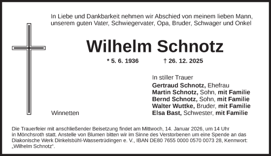 Traueranzeige von Wilhelm Schnotz von Dinkelsbühl/ Feuchtwangen