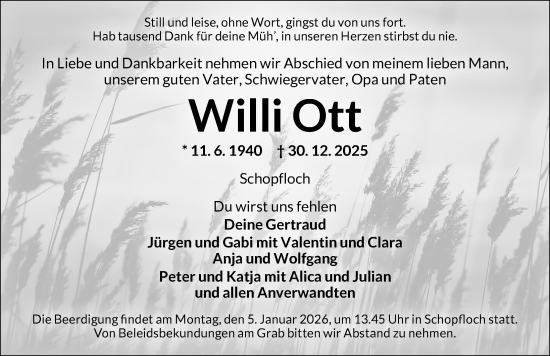 Traueranzeige von Willi Ott von Dinkelsbühl/ Feuchtwangen
