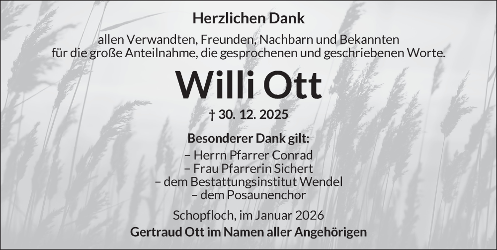  Traueranzeige für Willi Ott vom 17.01.2026 aus Dinkelsbühl/ Feuchtwangen