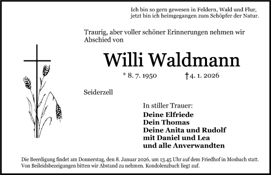 Traueranzeige von Willi Waldmann von Dinkelsbühl/ Feuchtwangen
