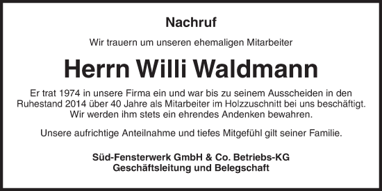 Traueranzeige von Willi Waldmann von Dinkelsbühl/ Feuchtwangen