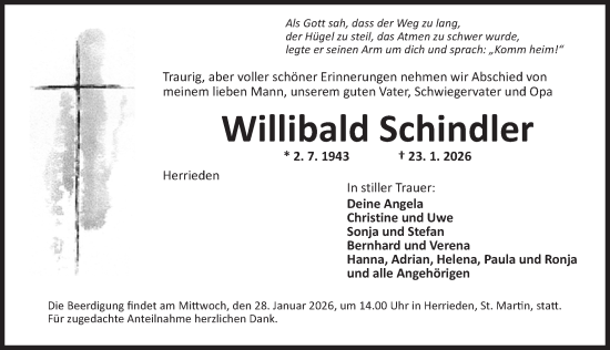 Traueranzeige von Willibald Schindler von Ansbach