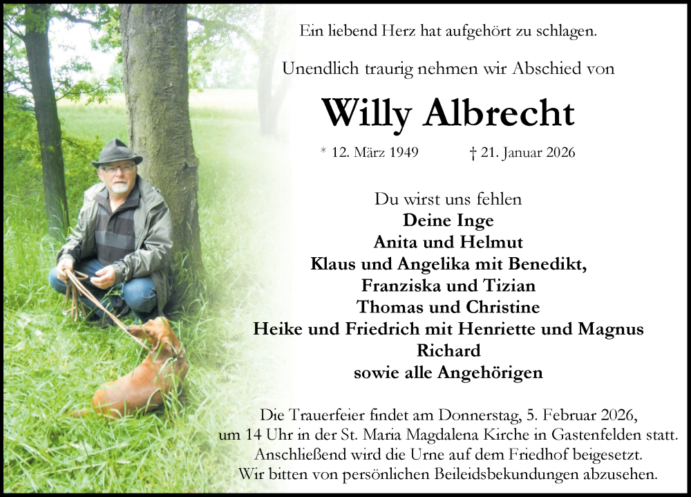  Traueranzeige für Willy Albrecht vom 31.01.2026 aus Rothenburg
