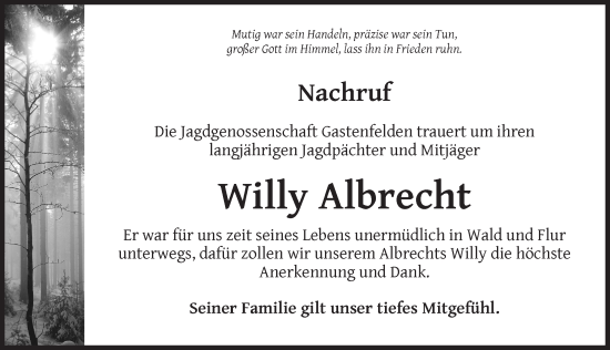 Traueranzeige von Willy Albrecht von Rothenburg