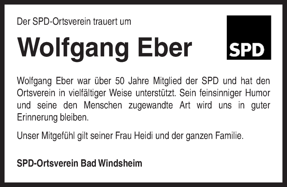  Traueranzeige für Wolfgang Eber vom 09.01.2026 aus Neustadt/ Scheinfeld/ Uffenheim