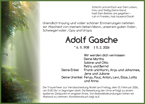 Traueranzeige von Adolf Gasche von Dinkelsbühl/ Feuchtwangen
