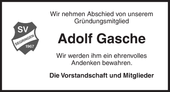 Traueranzeige von Adolf Gasche von Dinkelsbühl/ Feuchtwangen