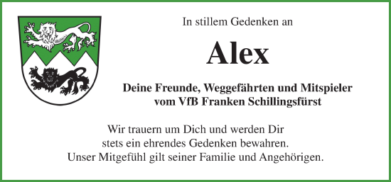 Traueranzeige von Alexander Pfeffer von Rothenburg