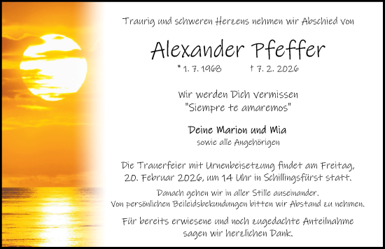 Traueranzeige von Alexander Pfeffer von Rothenburg