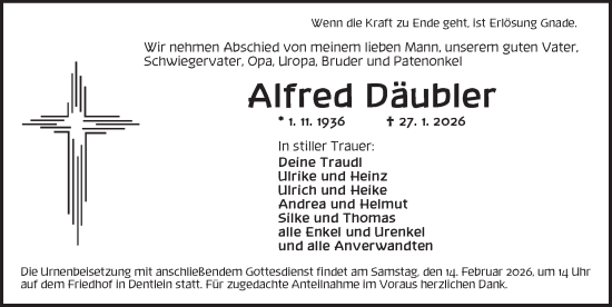 Traueranzeige von Alfred Däubler von Dinkelsbühl/ Feuchtwangen