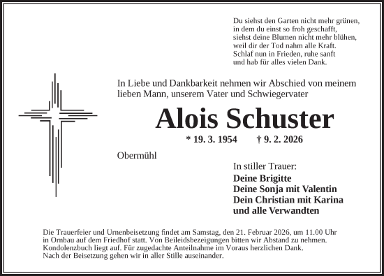 Traueranzeige von Alois Schuster von Ansbach