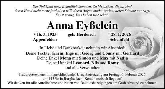 Traueranzeige von Anna Eyßelein von Neustadt/ Scheinfeld/ Uffenheim