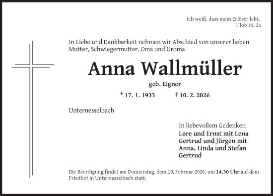Traueranzeige von Anna Wallmüller von Neustadt/ Scheinfeld/ Uffenheim