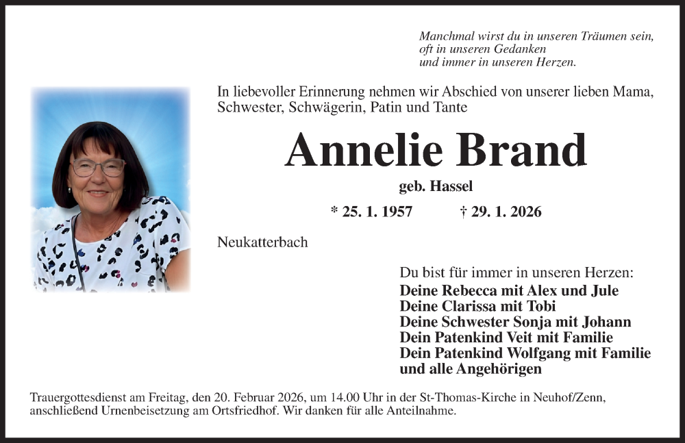  Traueranzeige für Annelie Brand vom 14.02.2026 aus Neustadt/ Scheinfeld/ Uffenheim