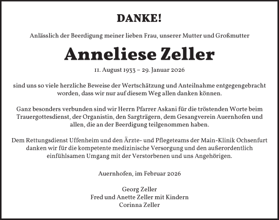 Traueranzeige von Anneliese Zeller von Neustadt/ Scheinfeld/ Uffenheim
