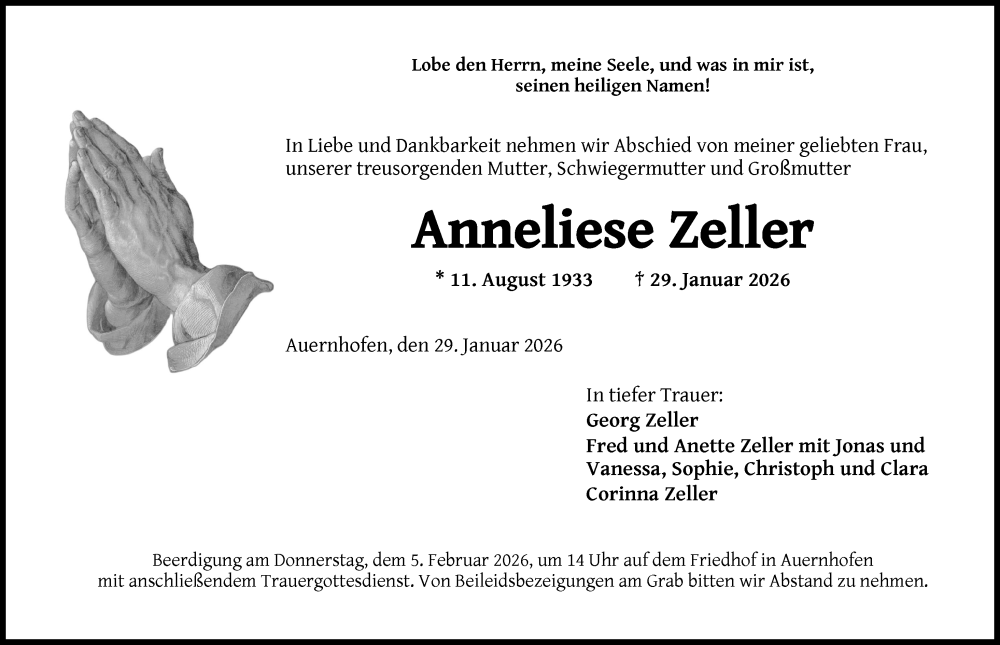  Traueranzeige für Anneliese Zeller vom 02.02.2026 aus Neustadt/ Scheinfeld/ Uffenheim