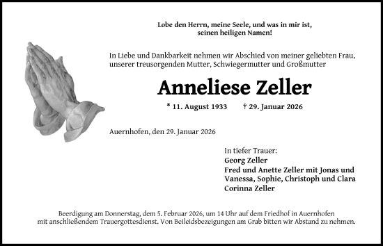 Traueranzeige von Anneliese Zeller von Neustadt/ Scheinfeld/ Uffenheim