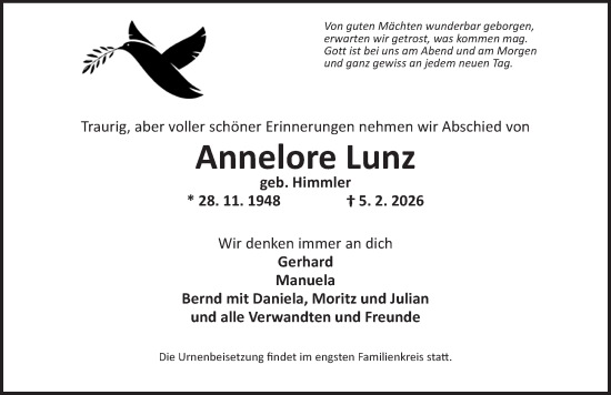 Traueranzeige von Annelore Lunz von Neustadt/ Scheinfeld/ Uffenheim