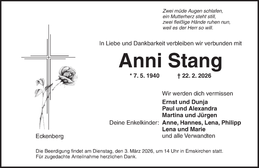  Traueranzeige für Anni Stang vom 28.02.2026 aus Neustadt/ Scheinfeld/ Uffenheim