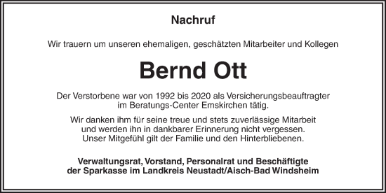 Traueranzeige von Bernd Ott von Neustadt/ Scheinfeld/ Uffenheim