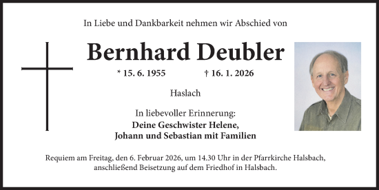 Traueranzeige von Bernhard Deubler von Dinkelsbühl/ Feuchtwangen