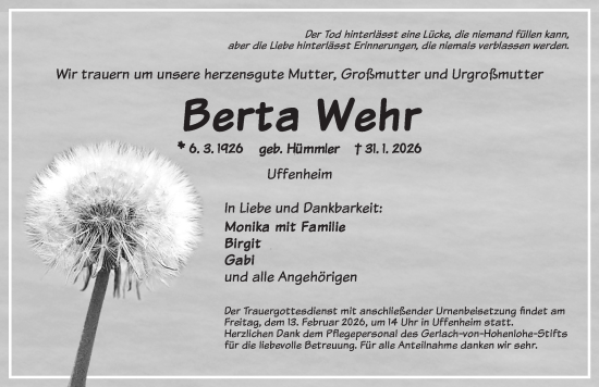 Traueranzeige von Berta Wehr von Neustadt/ Scheinfeld/ Uffenheim