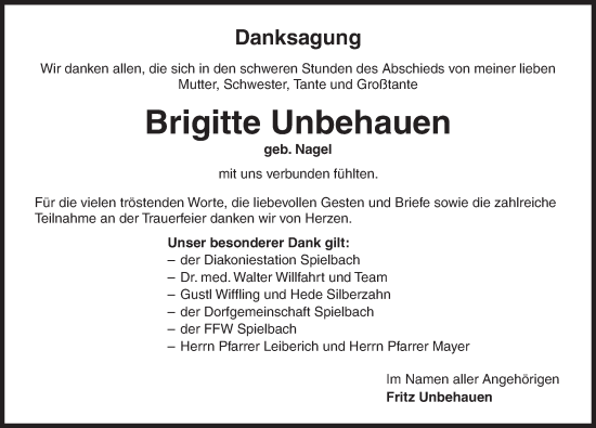Traueranzeige von Brigitte Unbehauen von Rothenburg