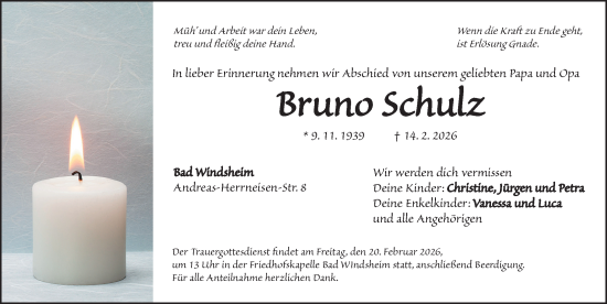 Traueranzeige von Bruno Schulz von Neustadt/ Scheinfeld/ Uffenheim