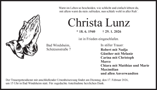 Traueranzeige von Christa Lunz von Neustadt/ Scheinfeld/ Uffenheim