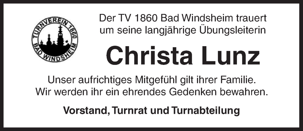  Traueranzeige für Christa Lunz vom 14.02.2026 aus Neustadt/ Scheinfeld/ Uffenheim