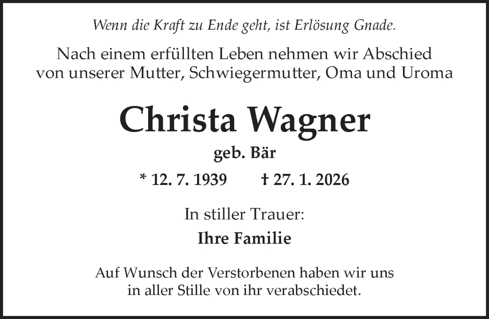  Traueranzeige für Christa Wagner vom 10.02.2026 aus Ansbach