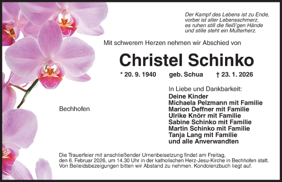 Traueranzeige von Christel Schinko von Dinkelsbühl/ Feuchtwangen