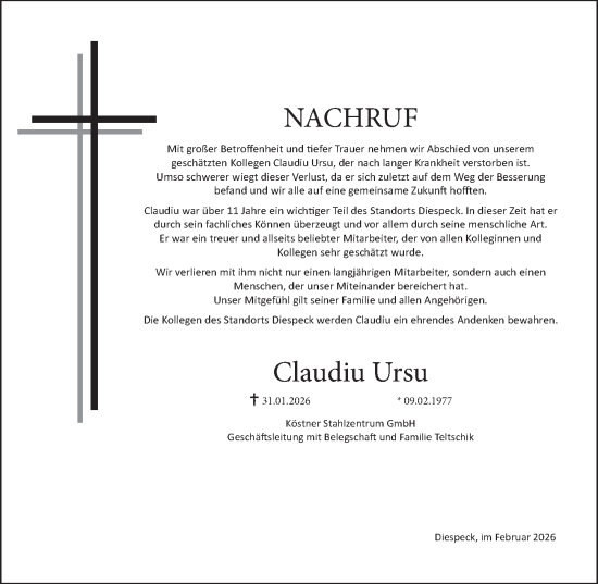 Traueranzeige von Claudiu Ursu von Neustadt/ Scheinfeld/ Uffenheim