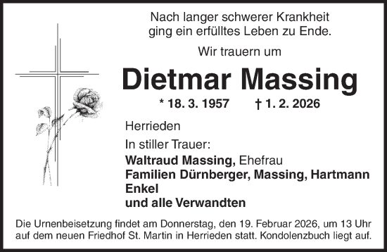 Traueranzeige von Dietmar Massing von Ansbach