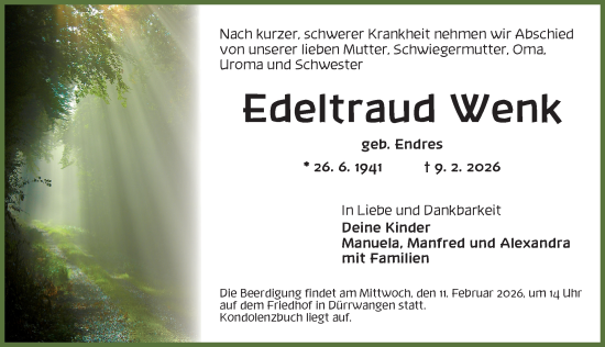 Traueranzeige von Edeltraud Wenk von Dinkelsbühl/ Feuchtwangen